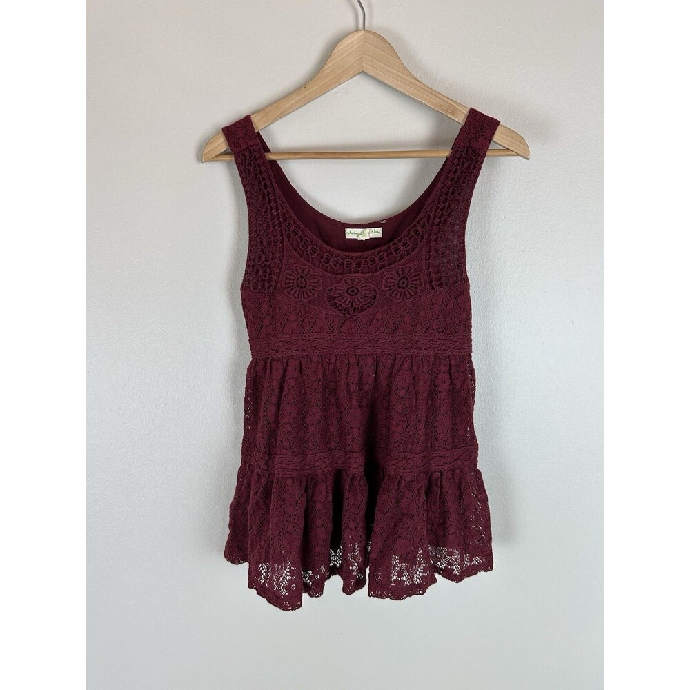 Anthropologie S Lace Crochet Top Red Burgundy Tank Tunic Tiered Babydoll Romance
